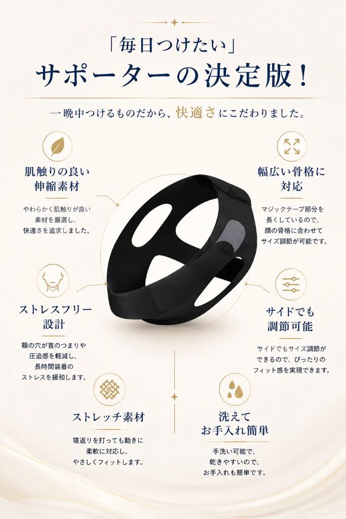 「毎日つけたい」サポーターの決定版！一晩中つけるものだから、快適さにこだわりました。肌触りの良い伸縮素材・幅広い骨格に対応・ストレスフリー設計・サイドでも調節可能・ストレッチ素材・洗えてお手入れ簡単
