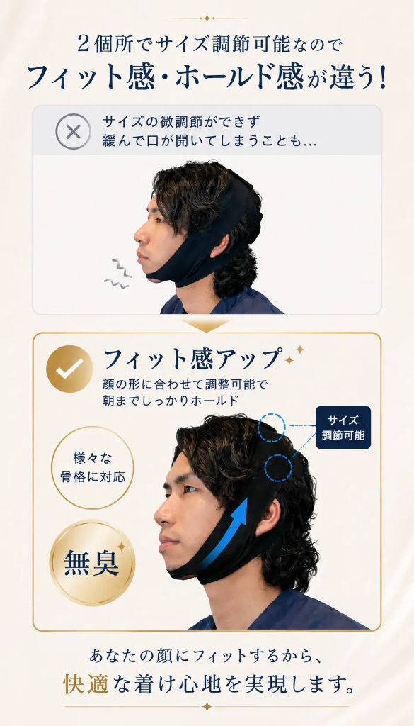 2個所でサイズ調節可能なのでフィット感・ホールド感が違う！あなたの顔にフィットするから、快適な着け心地を実現します。